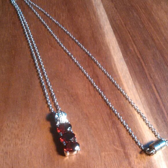 Mozambique Garnet Three Stone Stainless Steel Pendant Necklace - Picture 5 of 12